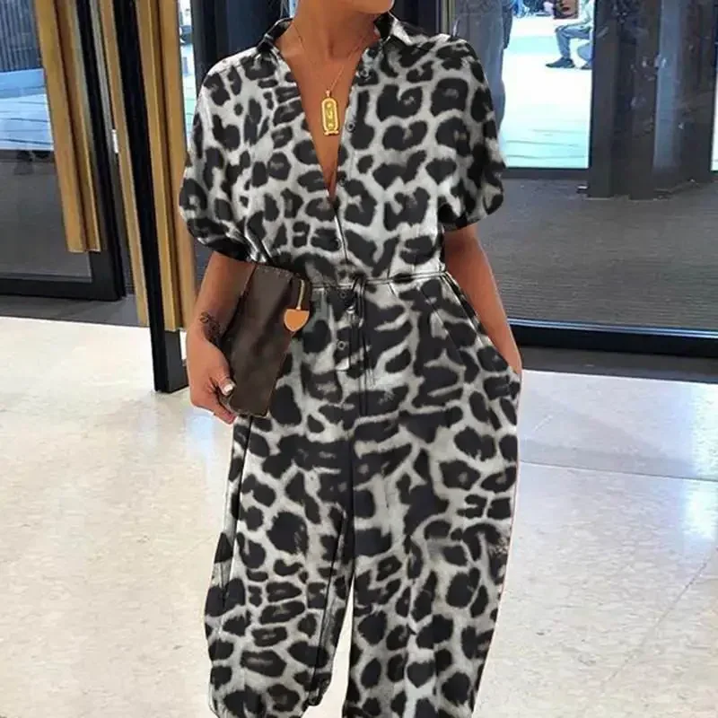 Zomermode V-hals Knop Lace-Up Jumpsuit Korte mouw Losse playsuit Overalls Dames Elegante luipaardprint Zakrompertjes