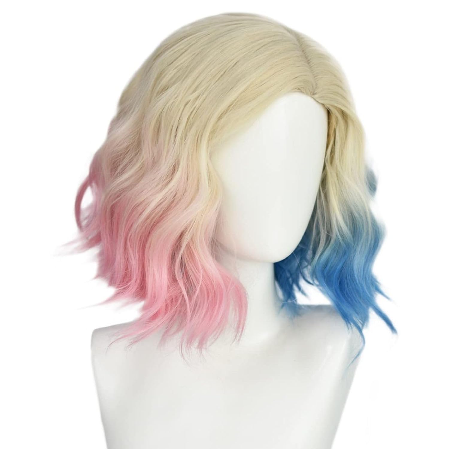 Peruca cosplay azul e rosa para mulheres, loira curta com cabelo ombre rosa e azul, peruca curta sintética bob wave para cosplay