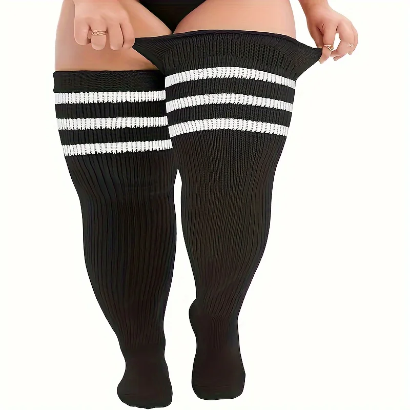 Gestreifte Kniestrümpfe in Übergröße, extra warme lange Wintersocken, stilvolle Kompressionssocken