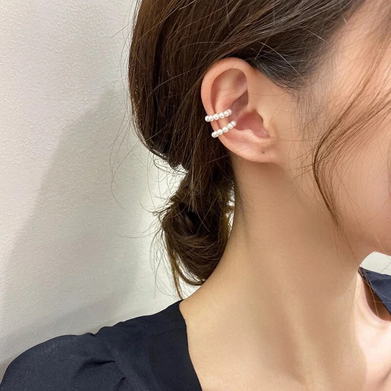 Pendientes coreanos elegantes de perlas de imitación para mujer, pendientes en forma de C con Clip, orejera sin perforación, pendientes minimalistas, joyería de moda