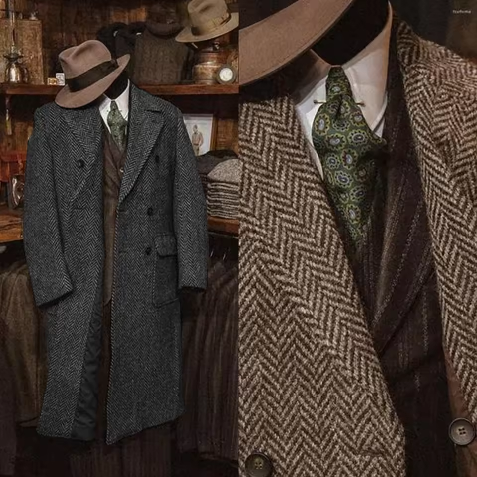 Veste longue en Tweed à motif de chevrons pour hommes, Slim, Design à la mode, vêtements d'hiver pour hommes, décontracté, Business, nouvelle collection 2025