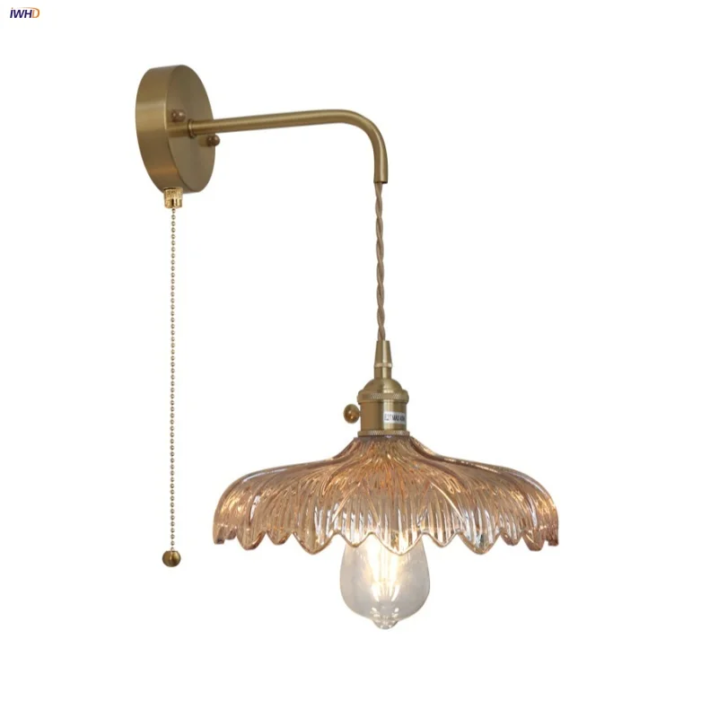 IWHD lampu dinding LED Vintage Amber, lampu samping tempat tidur, sakelar rantai tarik tembaga kaca untuk lorong kopi kamar tidur