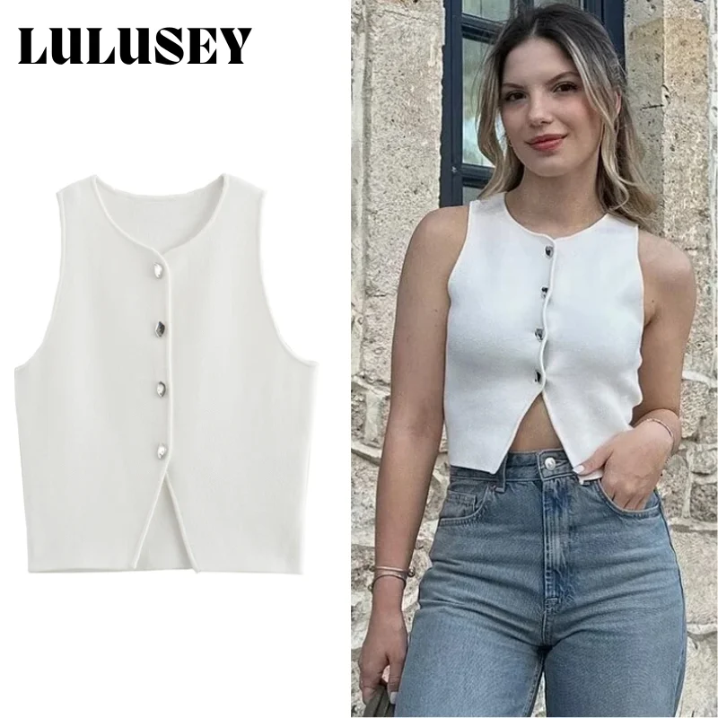 Gilet estivo Y2K con bottoni in metallo 2025, top senza maniche in maglia extra elasticizzata per campus/street Snap/cosplay