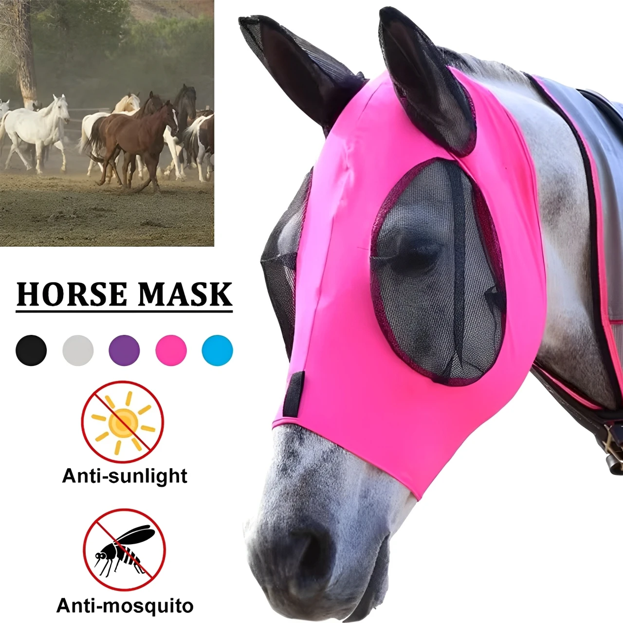 Nuova maschera per cavalli anti-zanzara multicolore Maschera per insetti anti-mosche in rete elasticizzata traspirante con orecchie Attrezzatura equestre
