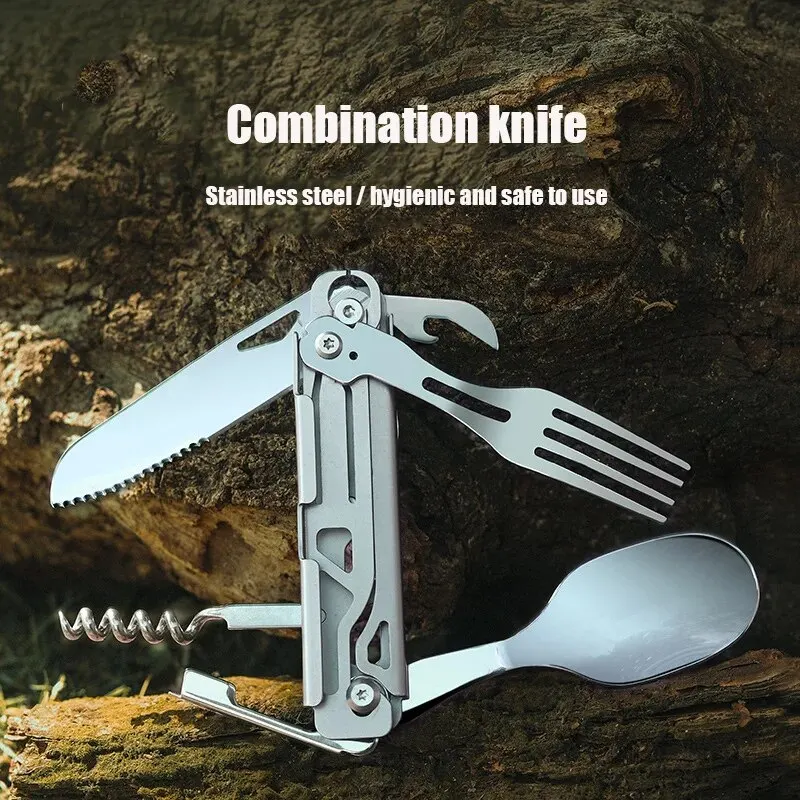 Set di posate multifunzionali Stoviglie da campeggio pieghevoli portatili Coltello in acciaio inossidabile Forchetta Cucchiaio Apriscatole Attrezzatura da esterno