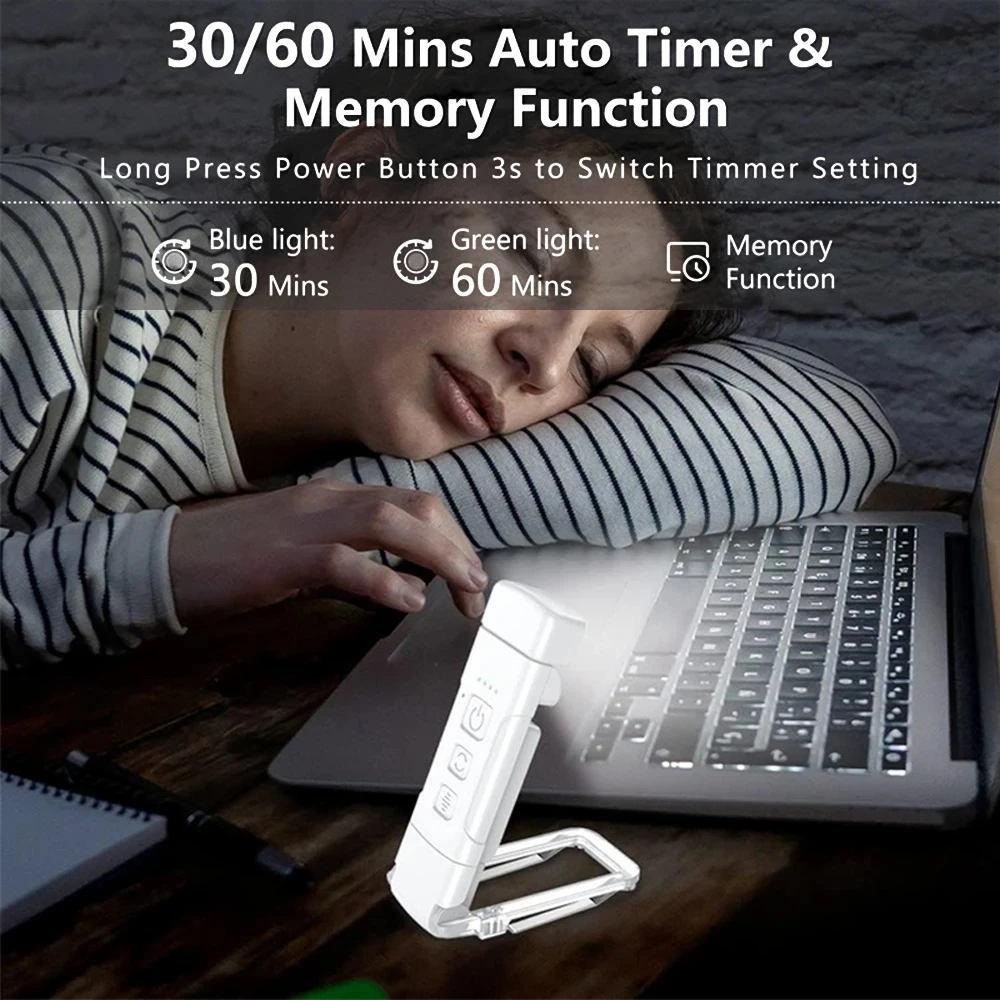Lampada da libro con timer USB ricaricabile 3 colori e 5 luminosità Lampada da lettura con clip Lampada da lettura con luce notturna segnalibro
