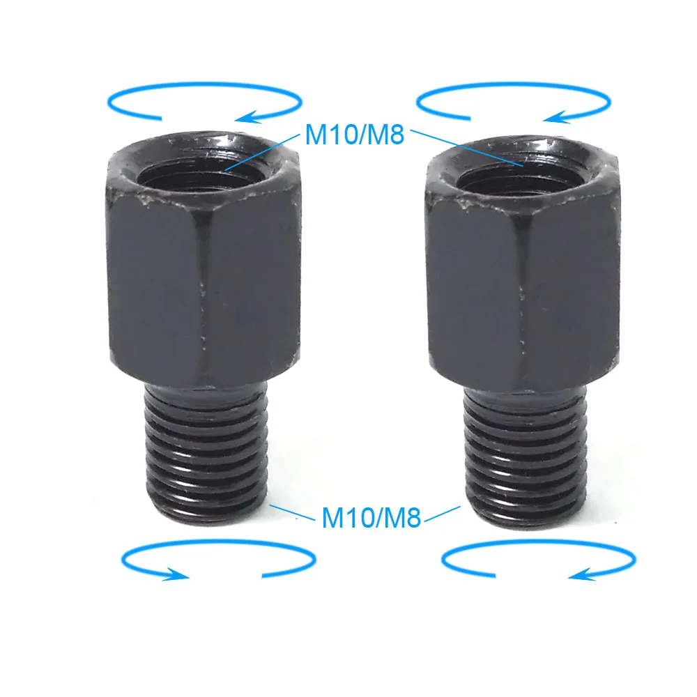 Par de adaptadores de espelho preto m10 10mm m8 8mm, parafuso de conversão para espelhos retrovisores de motocicleta no sentido horário, anti-relógio, rosca direita e esquerda