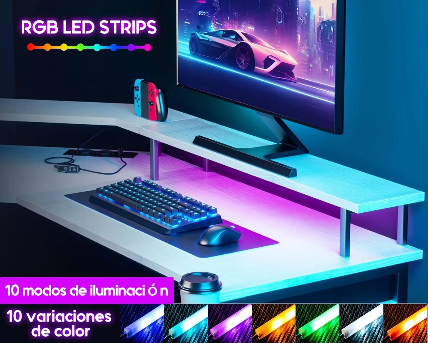 Mesa Gaming con LED,Escritorio Gaming con Enchufes,Mesa Escritorio Gaming con Soporte para Monitor,Blanco, escritorios, mesa gaming pc