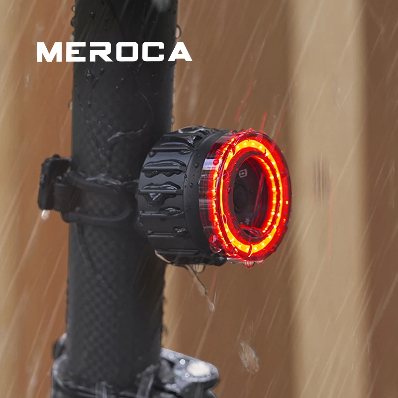 MEROCA ไฟท้ายจักรยาน USB ชาร์จการมองเห็นสูงมัลติฟังก์ชั่นกระพริบพร้อมเซ็นเซอร์เบรคไฟท้าย MTB ROAD BIKE โคมไฟ