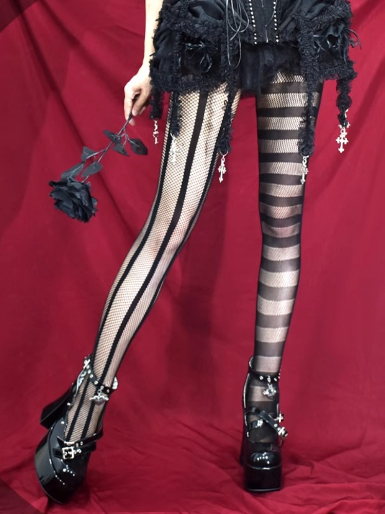 Винтажные готические темные сексуальные колготки в стиле панк, готическая униформа Лолиты, полосатые AB асимметричные ажурные колготки, женские летние