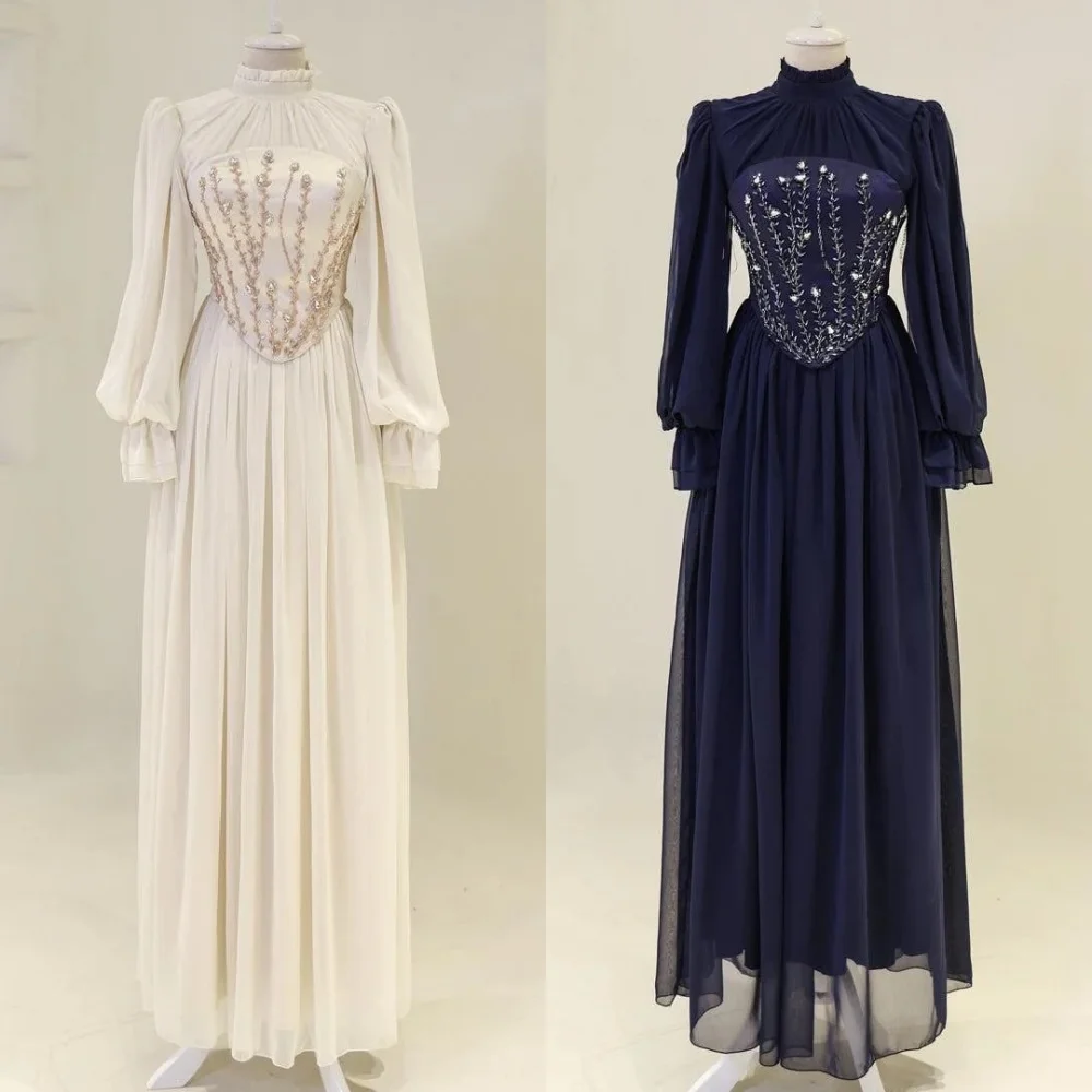 Maßgeschneiderte exquisite Chiffon-Drapierung mit Pailletten und Strasssteinen, A-Linie, hoher Kragen, lange Kleider, maßgeschneiderte Anlasskleider, formelles Retro-Kleid