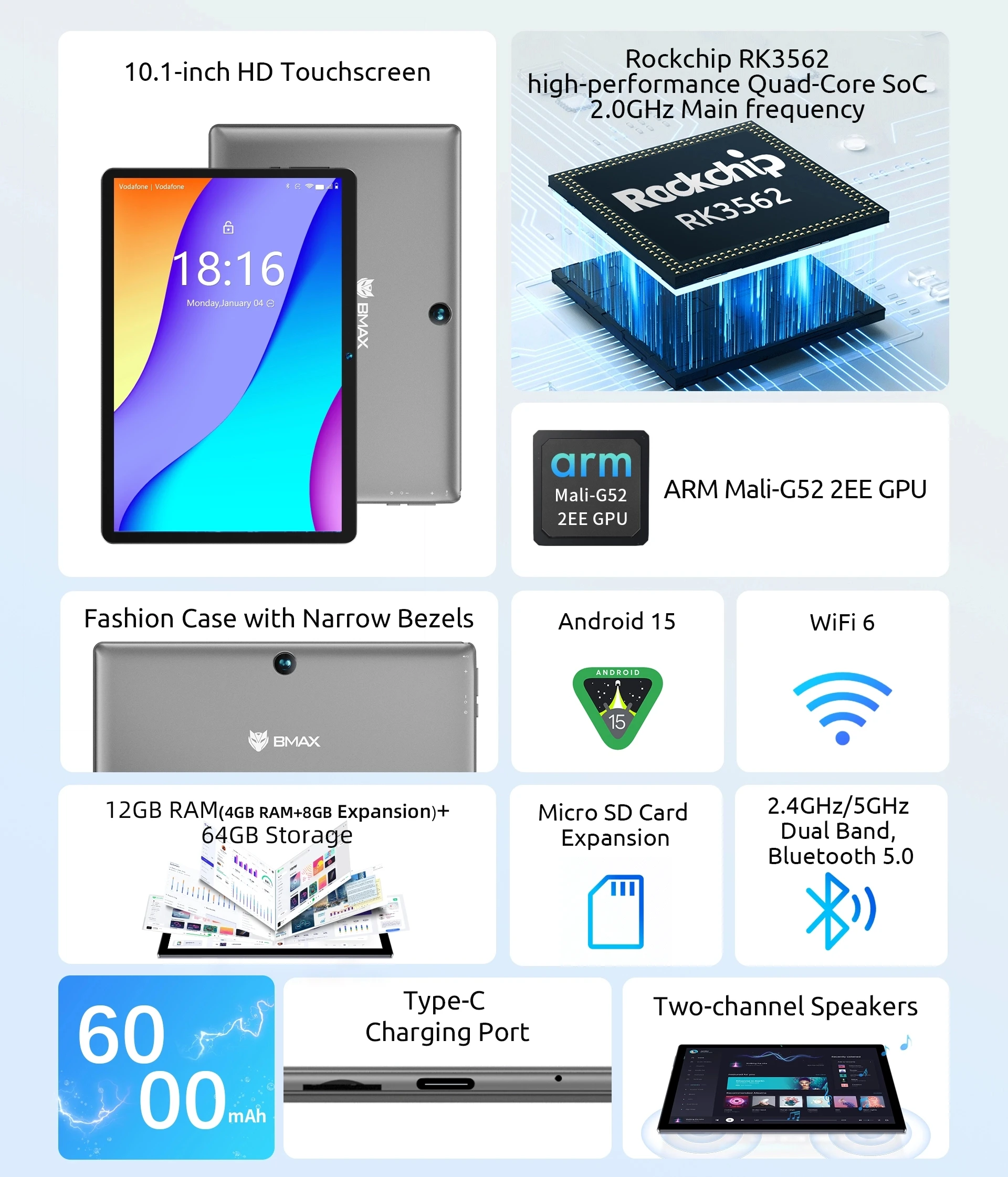 Bmax Kids Tablet I9 Plus Android 15 Gpu G522ee 8Gb Ram 64Gb Rom 10.1 Inch Allwinner Rk3562 Quad Core Port Tablets Pc Wifi 6