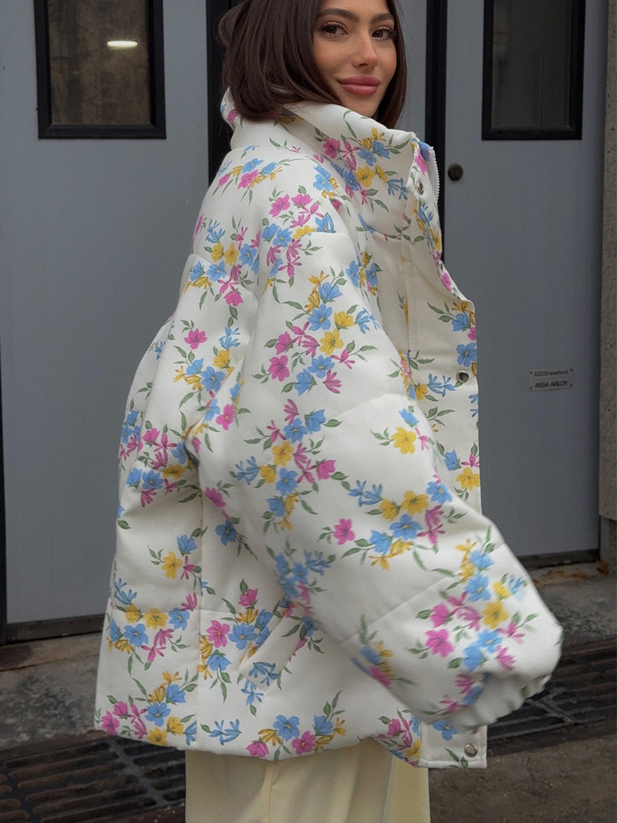 Wolfeel nieuwe pufferjas voor dames, oversized opstaande kraag, ritssluiting, bloemenprint, warme katoenen gevulde jas, herfst winter