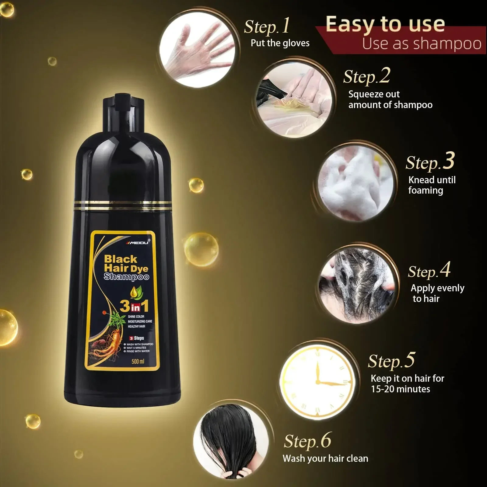Champú para oscurecer el tinte para el cabello gris, 500ml, 3 en 1, instantáneo, gris a negro, cubierta para colorear multiflorum a base de hierbas naturales rápidas para hombres y mujeres