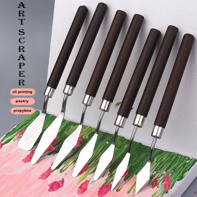 7PCS Watercolor Mixed Art Oil Painting Scraper Set Wood Stainless Steel Gouache Paint Pigment Mixing Knife Hand Tool