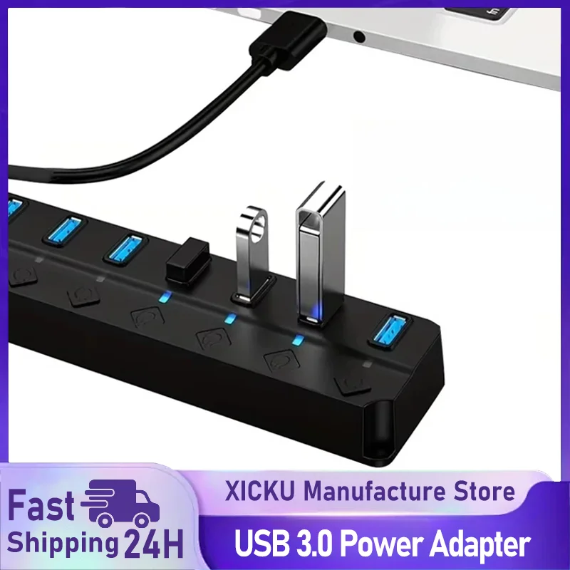 Hub USB 3,0 de 4/7 puertos con indicador LED, Control de interruptor independiente para unidad Flash de ordenador portátil, disco duro, impresora, teclado de cámara