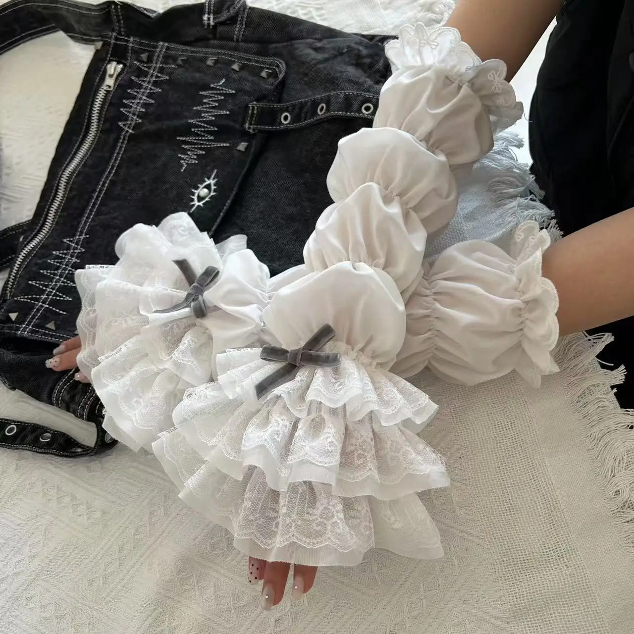 Lolita Jk koronkowe rękawiczki bez palców damskie kokardki Kawaii białe koronkowe rękawy pokrywa pasek baletowy Y2K Cosplay JK dodatki odzieżowe