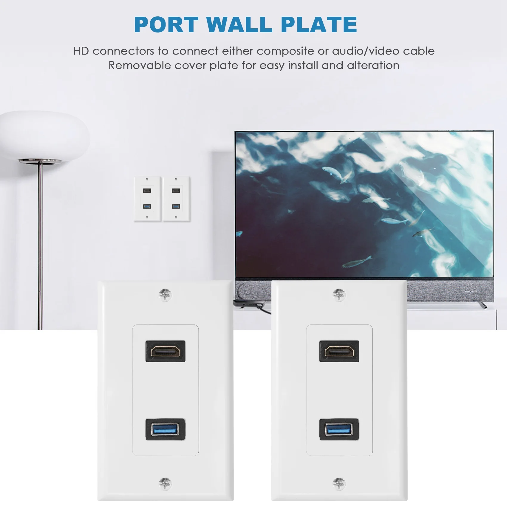 1x2Port HDMI USB 3,0 weibliche Wand Frontplatte Panel Steckdose Extender weiß