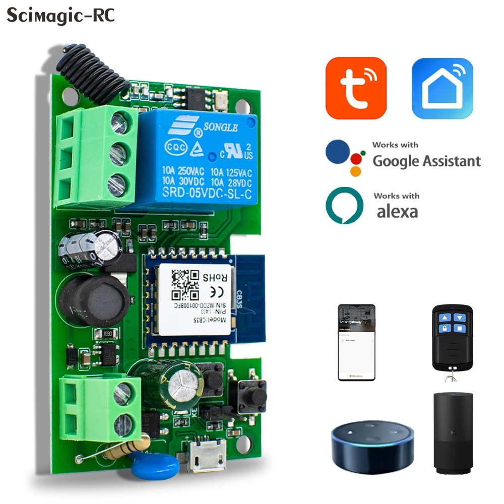 Interruptor inteligente Wifi 1CH 7-32V Mini controlador de luz Wifi 433 receptor RF abridor de puerta de garaje 10A Smart Life Tuya APP 1 relé de banda