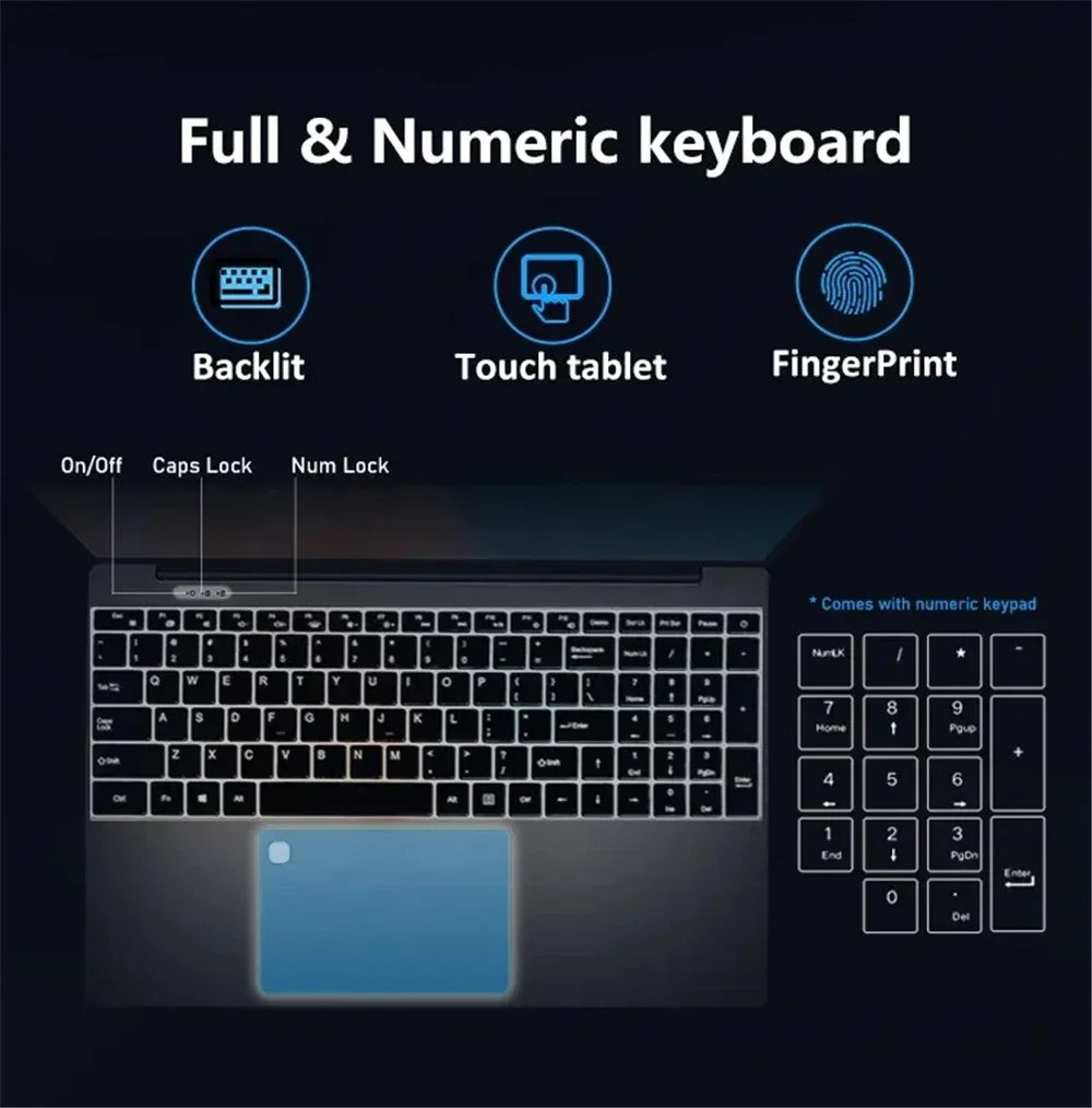 Ordinateur portable de jeu Windows 11 Intel Celeron N5095 15.6 pouces 16GB 1 to SSD ordinateur de bureau PC déverrouillage par empreinte digitale ordinateur portable