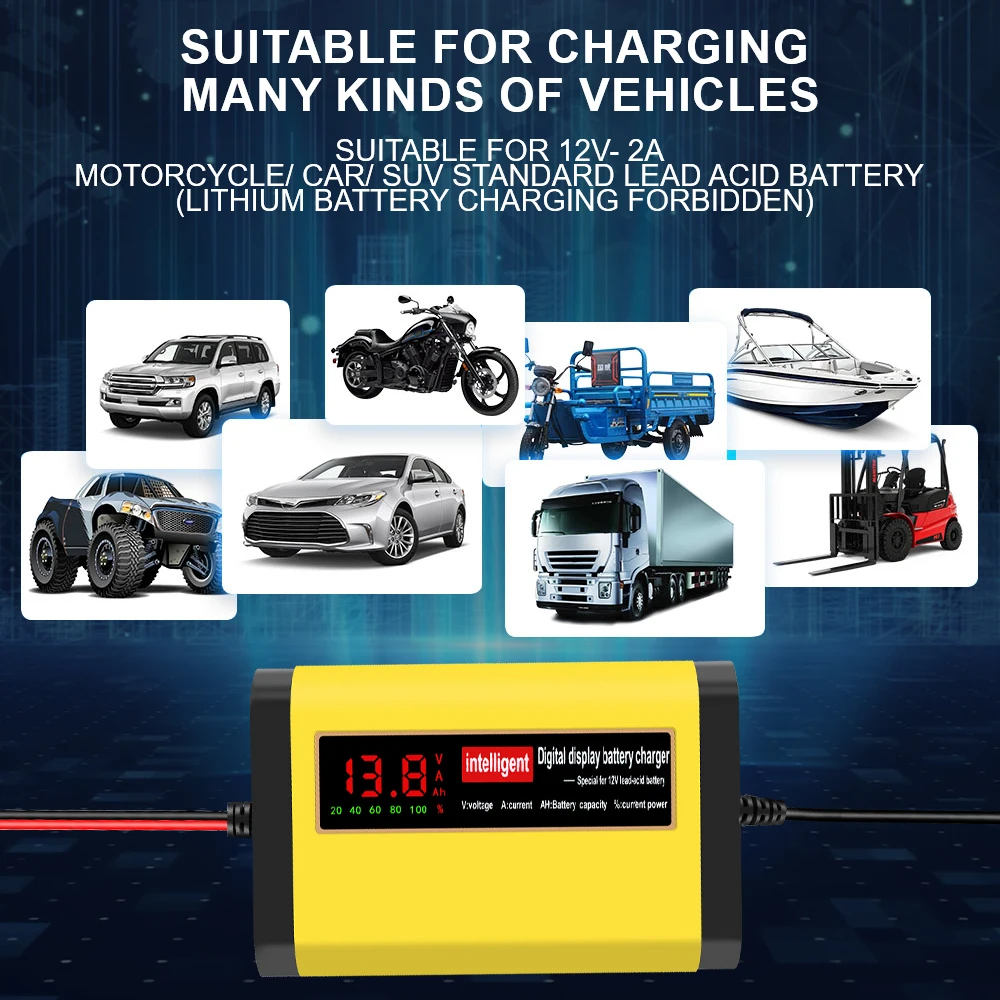 Carregadores de bateria automotiva 2a 12v, 3 estágios, reparo de pulso inteligente, manutenção de bateria de carro, armazenamento, dispositivo de carregamento de célula digital
