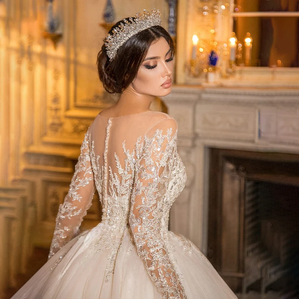 Maßgeschneidertes exquisites Hochzeitskleid Sheer U-Ausschnitt Spitze Perlenapplikation Illusion Langarm Brautkleider Vestidos De Noiva