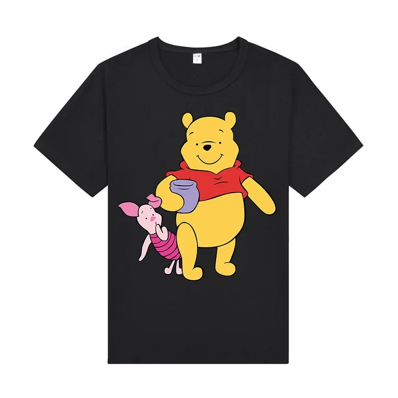 Atasan Lengan Pendek Disney Kaus Lengan Pendek Winnie The Pooh Kartun Gaun Musim Panas Baru Wanita Atasan Longgar Gadis Lucu