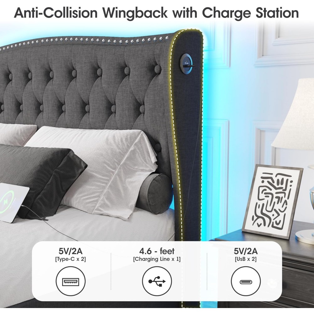 Vabches Queen Size LED Bed Frame with Storage Drawers and Charging Station, Upholstered Platform Bed Frame with Wingback Headboa