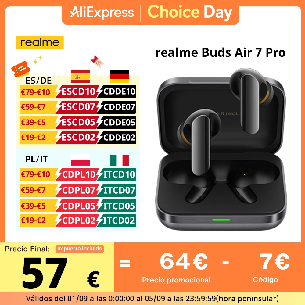 Wersja globalna realme Buds Air 7 Pro 53dB aktywna redukcja szumów prawdziwe bezprzewodowe słuchawki 48-godzinna bateria słuchawki Bluetooth 5.4