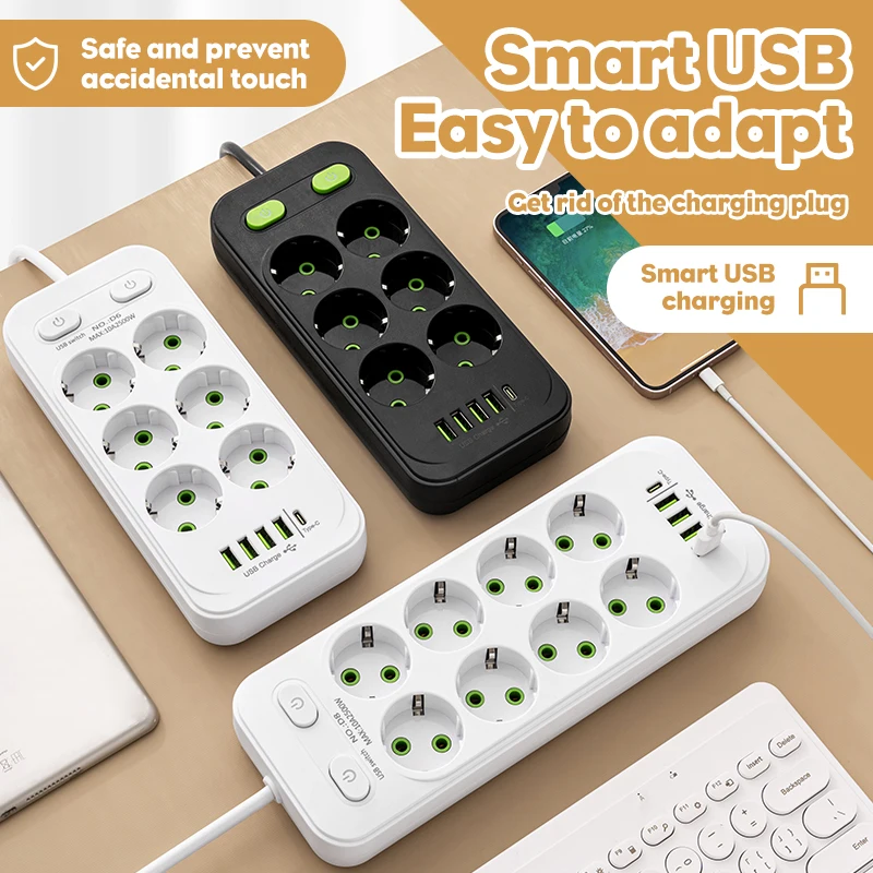 EU ปลั๊ก AC Outlets Multitap ซ็อกเก็ต 2M สายไฟไฟฟ้า Power Strip พร้อม USB Type C Fast CHARGING Network FILTER ADAPTER