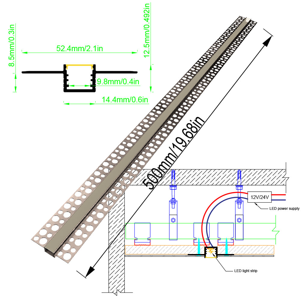15x9mm (1PCS) Perfil de canal de aluminio LED de 0,5 M para tira de luz LED con instalación integrada