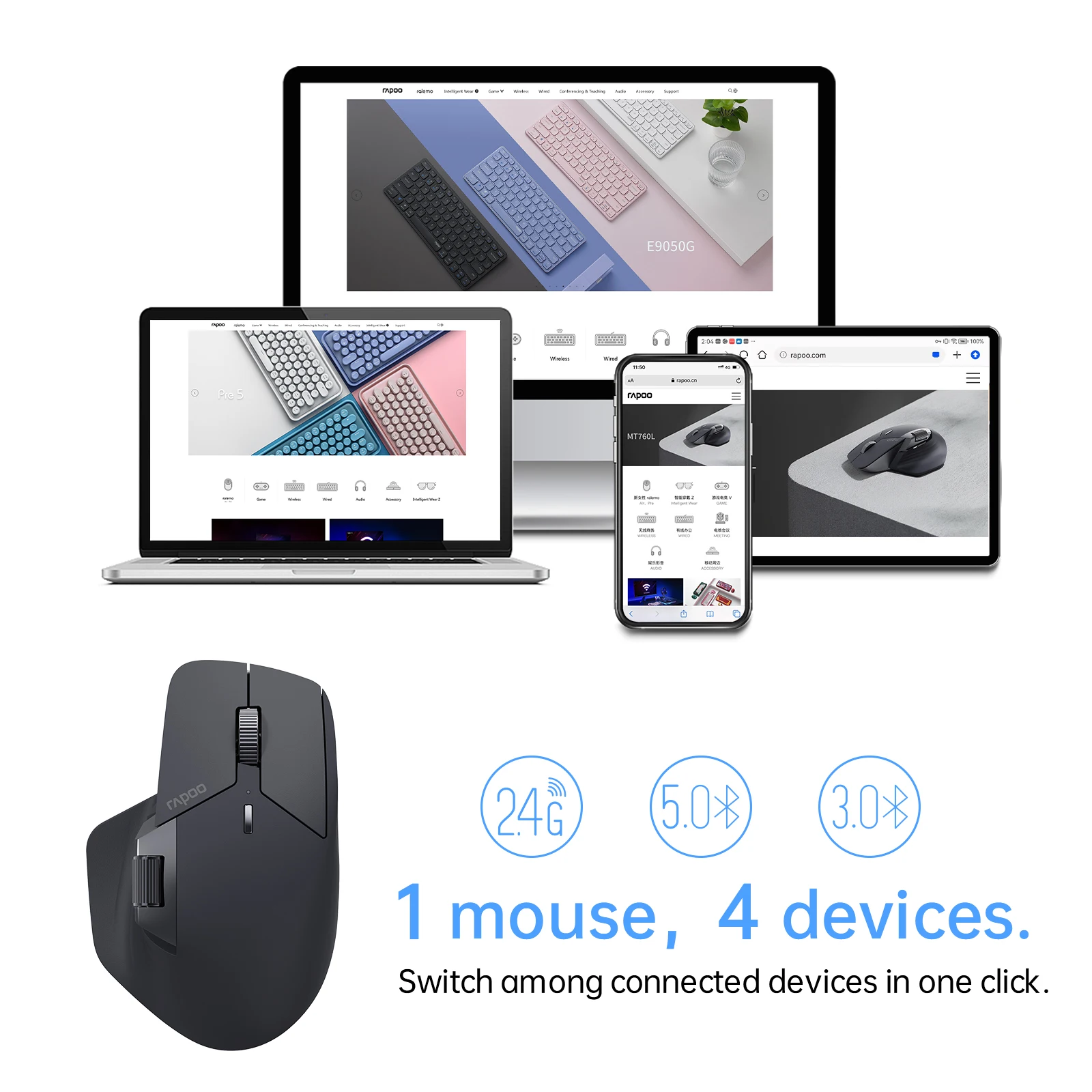 Rapoo MT760/MT760Mini Multi-mode Rechargeable Wireless Bluetooth Mouse Ergonomic 4000 DPI Support Up to 4 Devices Office Mice