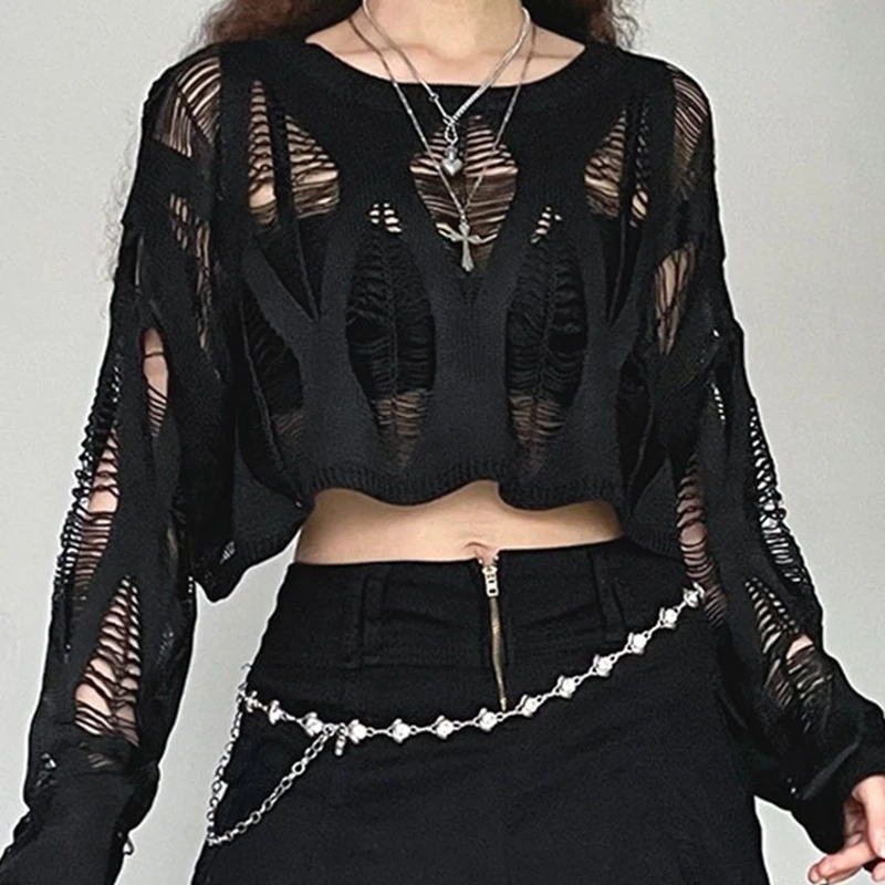 ITOOLIN 女性穴中空アウト Y2K Tシャツバットウィングスリーブニットシャツ女性のためのルーズストリートトップス春秋 2024