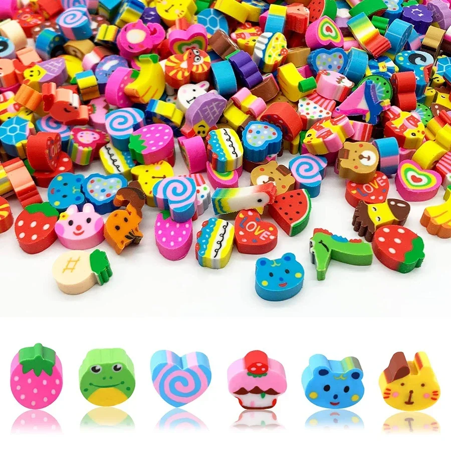 20-200 Uds Mini borradores fruta Animal número pastel corazón diseños útiles escolares regalos de graduación premios en el aula cumpleaños JXB