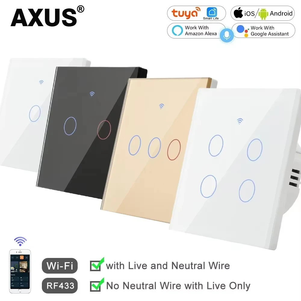 220V bez neutralnego EU 1/2/3/4 Gang EU WiFi RF 433mhz Inteligentna bezprzewodowa dotykowa lampa ścienna z przyciskiem przełącznika Tuya Alexa Google