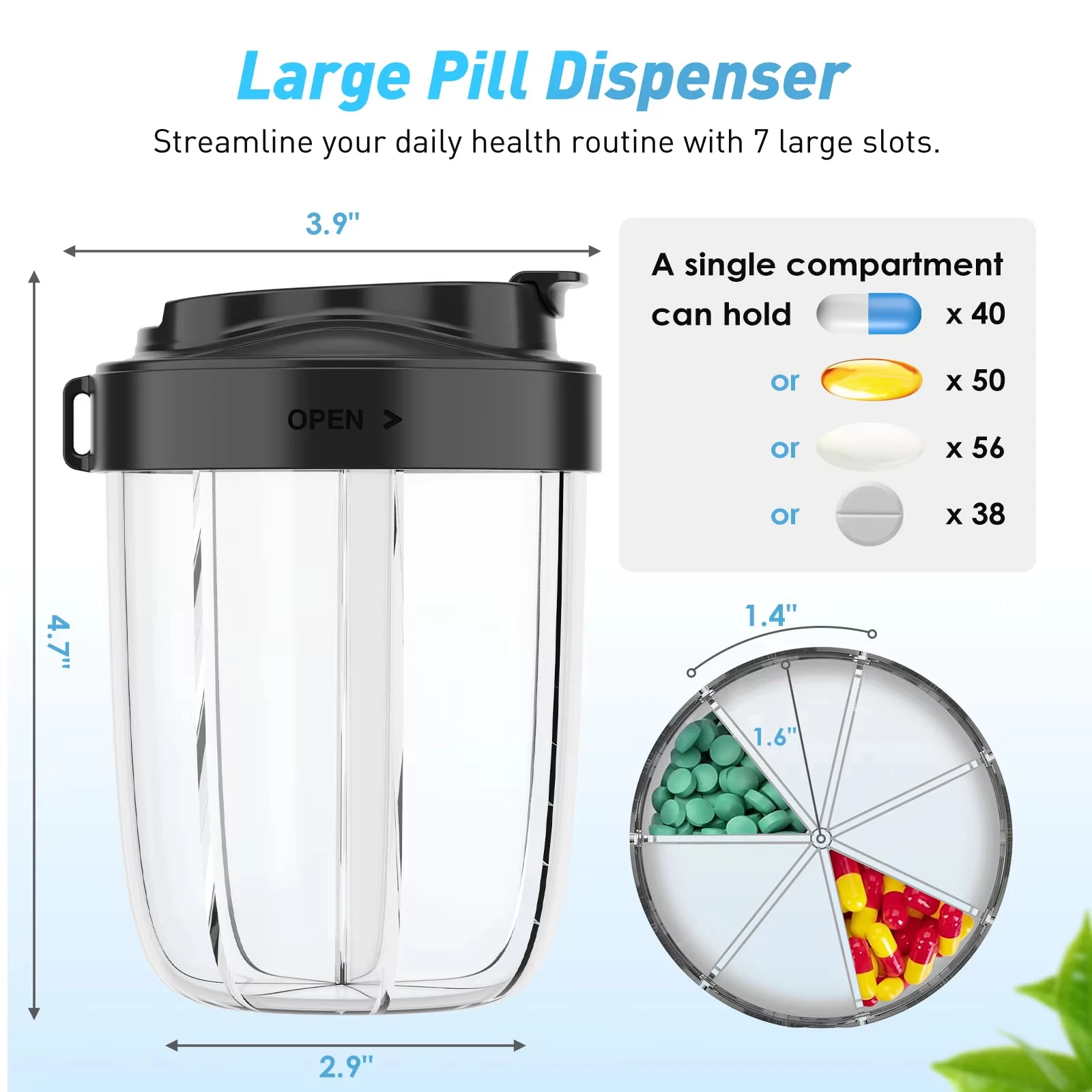 7 Grids Large Pill Box Cases for Travel A Month Pill Organizer Pill Dispenser for Tablets Vitamins Medicine Fish Oils Sub-packed
