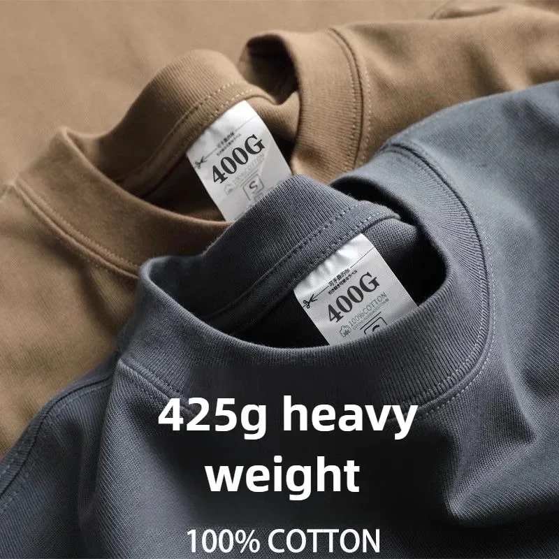 Camiseta pesada Wight de 425 gramos para hombre, Camiseta de algodón de media manga Brathable de alta calidad con cuello redondo, Tops básicos, camiseta de verano para hombre