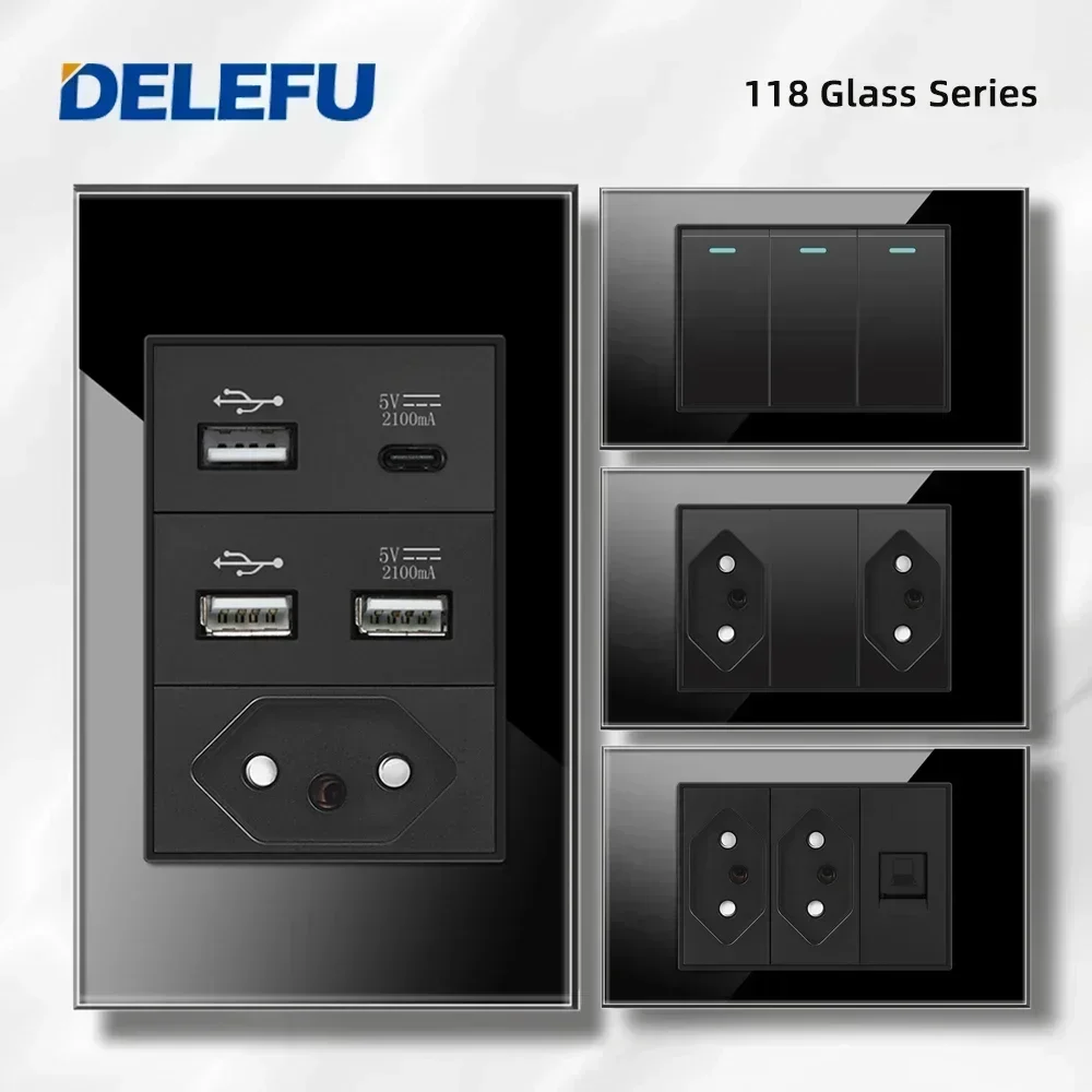 DELEFU 4*2 черное закаленное стекло, бразильская стандартная розетка, двойной USB-разъем типа C, настенная розетка, выключатель света, Швейцария, 10A, 20A