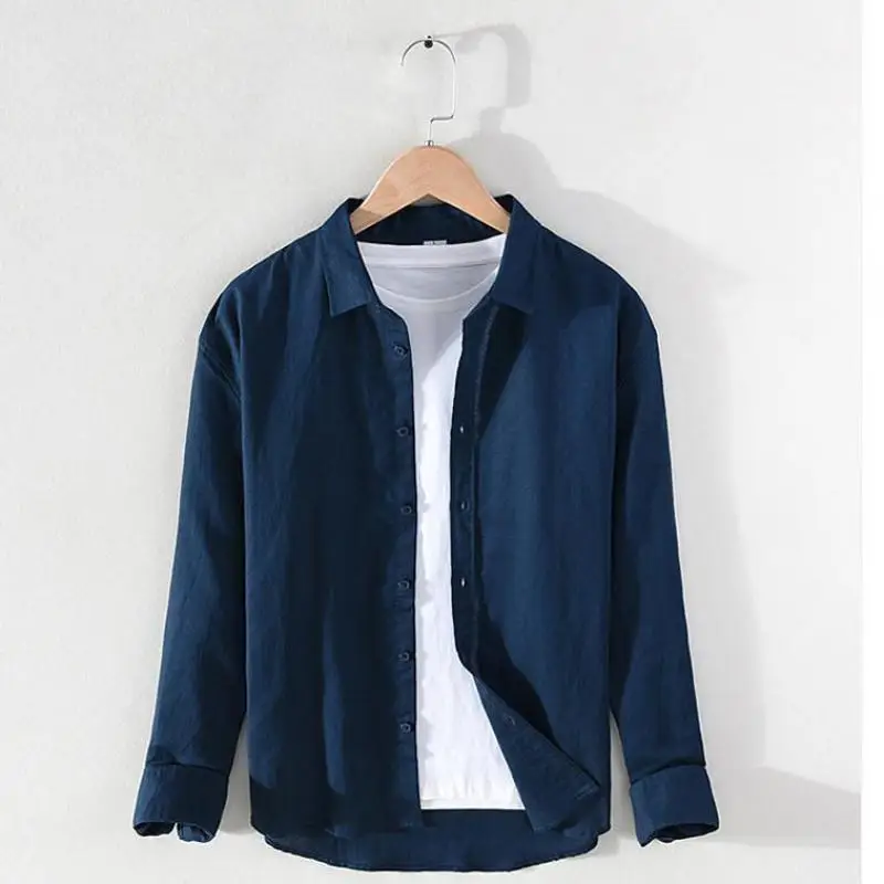 M-3XL Spring and Summer Stand Collar Plain Color Long-sleeve Vintage Men's Streetwear Single Breasted Linen Shirts