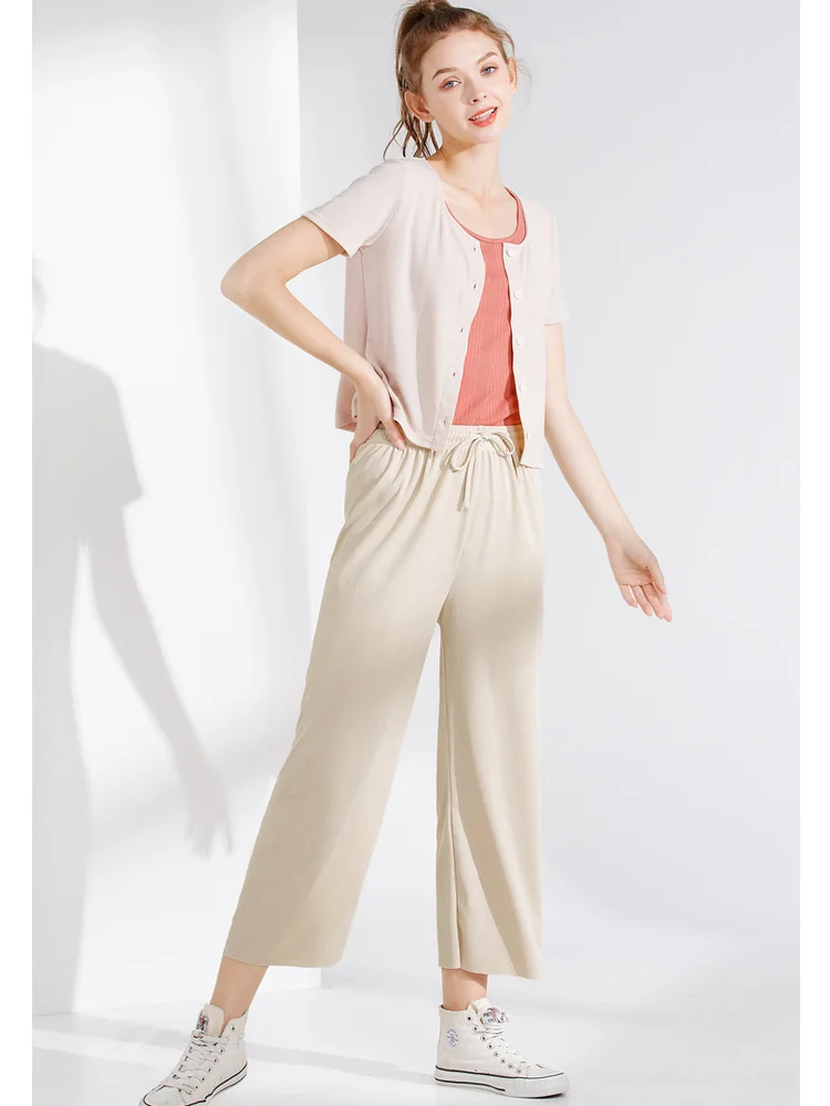 Pantalones de pierna ancha hasta el tobillo para mujer, pantalón informal de cintura elástica sólida, pantalones sueltos de seda de hielo, primavera y verano