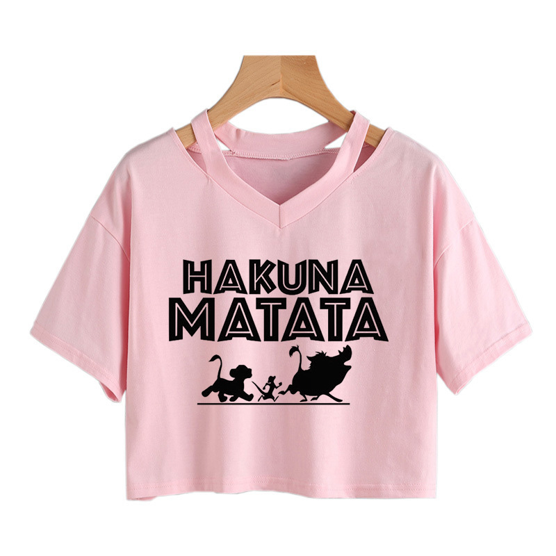 Kaus Crop Top warna Pink Disney The Lion King T-shirt Harajuku Crop Top pakaian Wanita kaus Harajuku Hakuna Matata