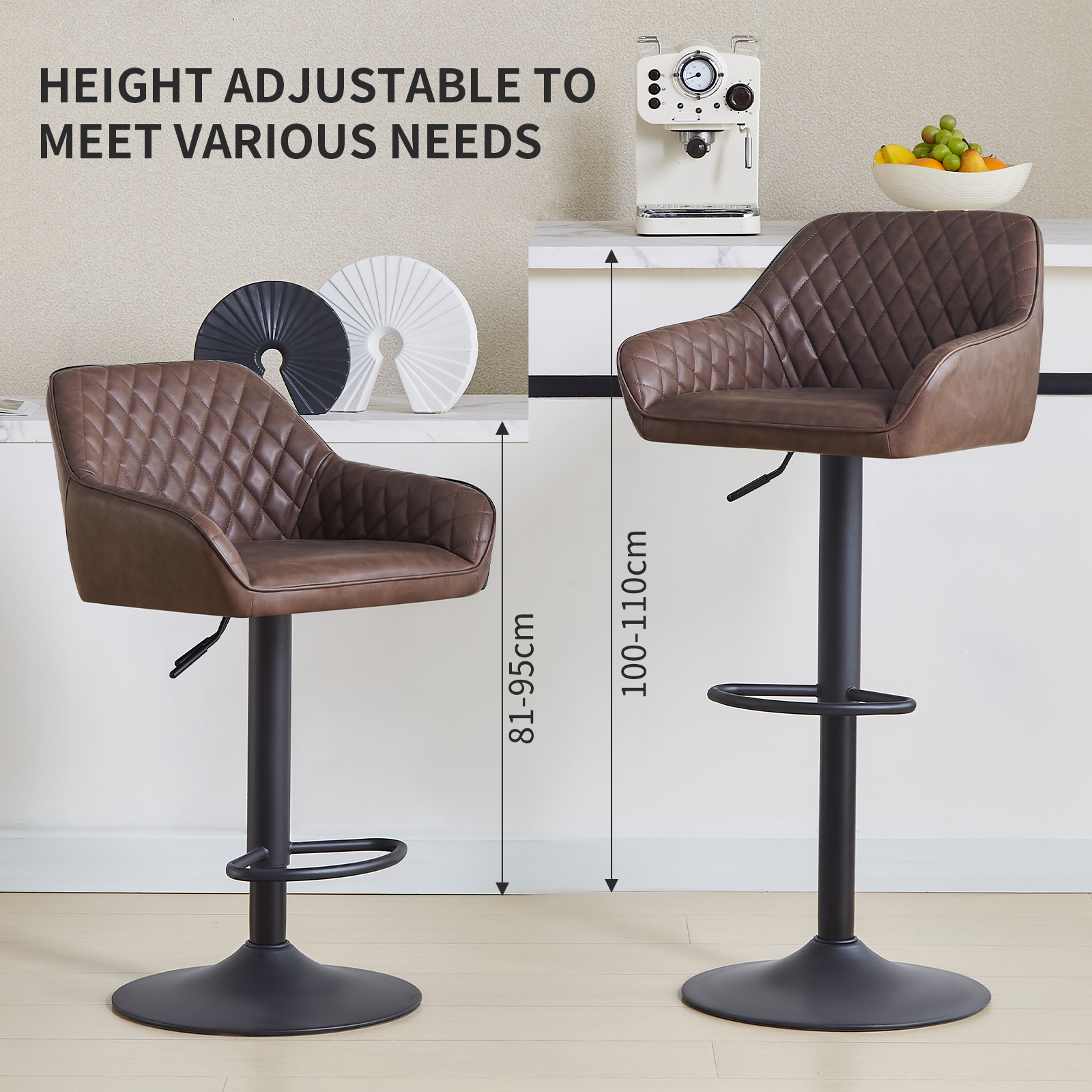 AINPECCA Bar Stools Set of 2 Velvet/PU Adjustable Swivel Gas Lift, Footrest and Base for Breakfast Bar, Counter Kitchen Chairs