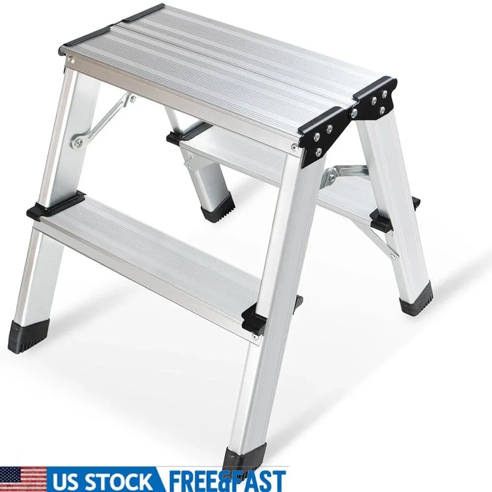 Lightweight Aluminum 2 Step Stool Folding Ladder Compact Portable Step Ladder Home Kitchen Utility Outdoor Use