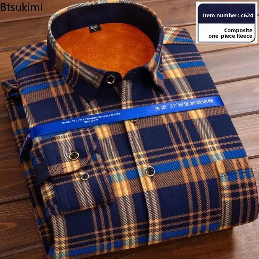 New 2025 Men's Long Sleeve Warm Plaid Shirt Autumn Winter Thick Fleece Casual Oversized Shirt Male Vintage Sweater Men Clothing