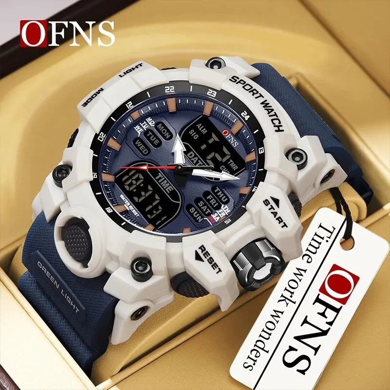 OFNS Top Dual Display นาฬิกาผู้ชายกันน้ํากีฬานาฬิกาทหารนาฬิกาปลุกนาฬิกาจับเวลานาฬิกาข้อมือควอตซ์ชายนาฬิกาดิจิตอล