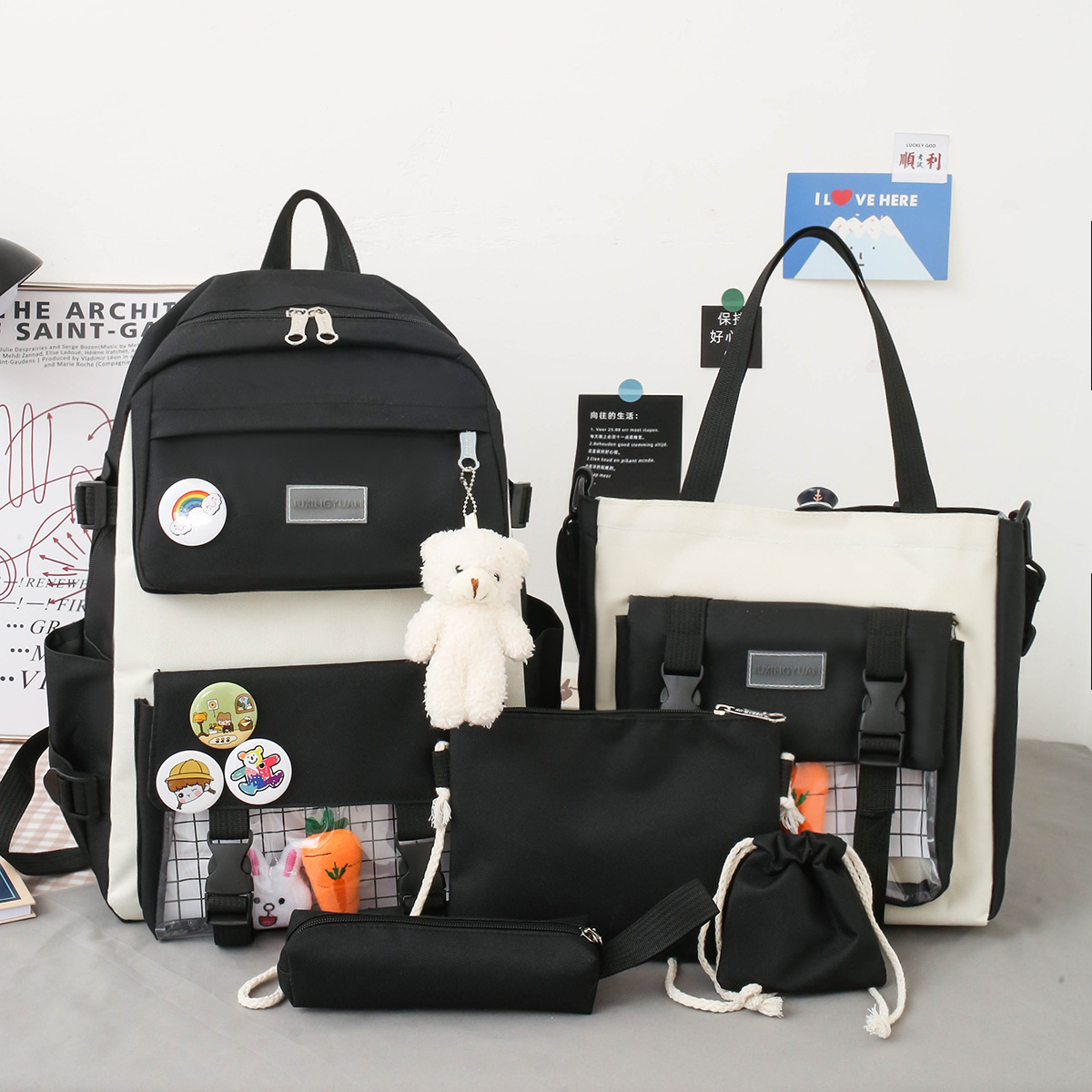 High School Five-Piece Set Multi-Compartment Fashion School Bag Large Capacity Primary Students Shoulder Bags