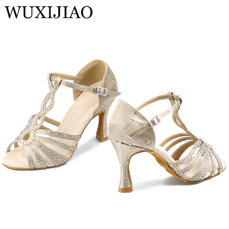 Lateinische Tanzschuhe für Damen, neue metallische Satin-glänzende Strasssteine, kubanische High Heels, 9 cm, Salsa-Tanzschuhe
