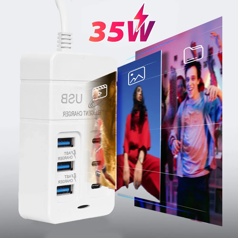 Cargadores de pared de carga rápida PD, adaptador de concentrador USB, 6 puertos USB tipo C, ranura para enchufe UE EE. UU., toma de corriente de extensión de carga