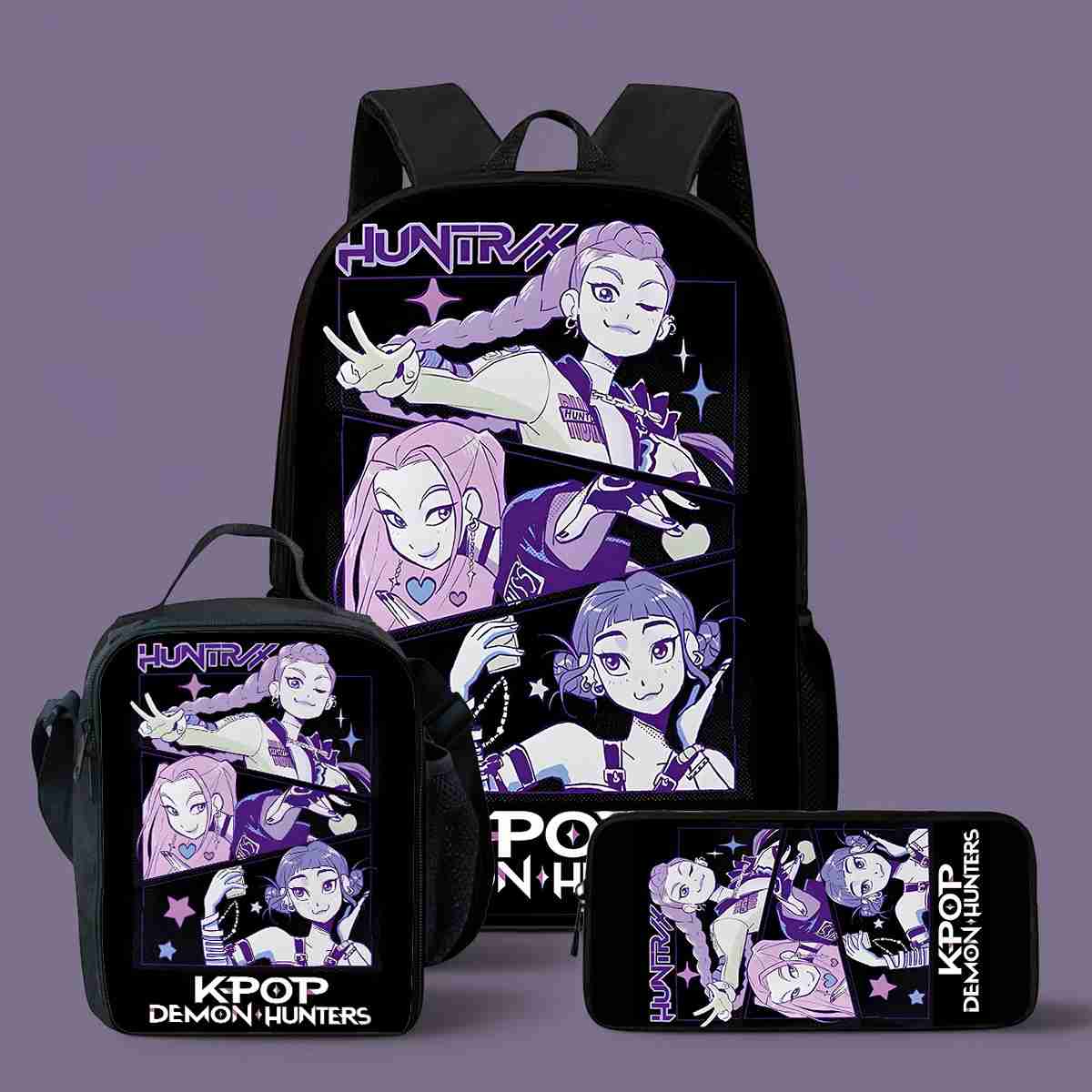 3 шт. K-pop Demon Hunters, школьные сумки, набор Huntrix для девочек и мальчиков, пеналы, наборы рюкзаков с ланч-боксом для школьного рюкзака