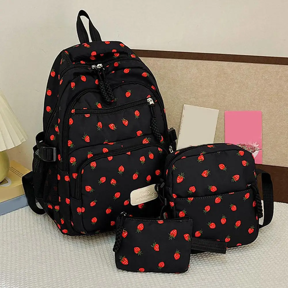 Mochila de pana, conjunto de tres piezas con estampado de fresa, mochila informal diaria, mochila ligera de gran capacidad para ir al trabajo